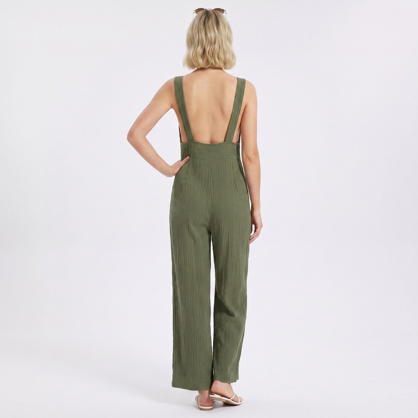 Button Front Jumpsuit Sleeveless Wide Leg Utility Pocket Outfit