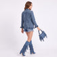 Ruffle Trim Denim Jacket Long Sleeve Button Front Jean Blazer with Collared Neck