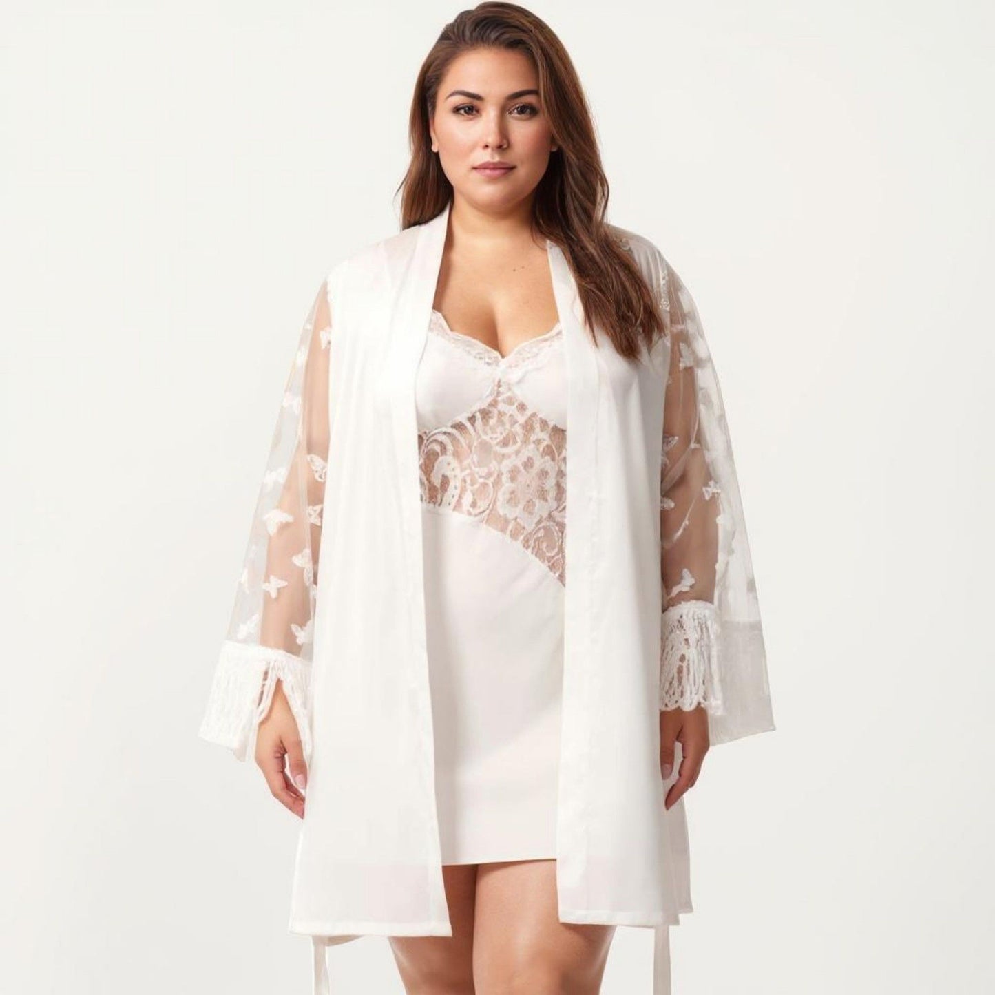 Plus Size Sheer Mesh Lace Trim Robe Lightweight Long Sleeve Sleepwear