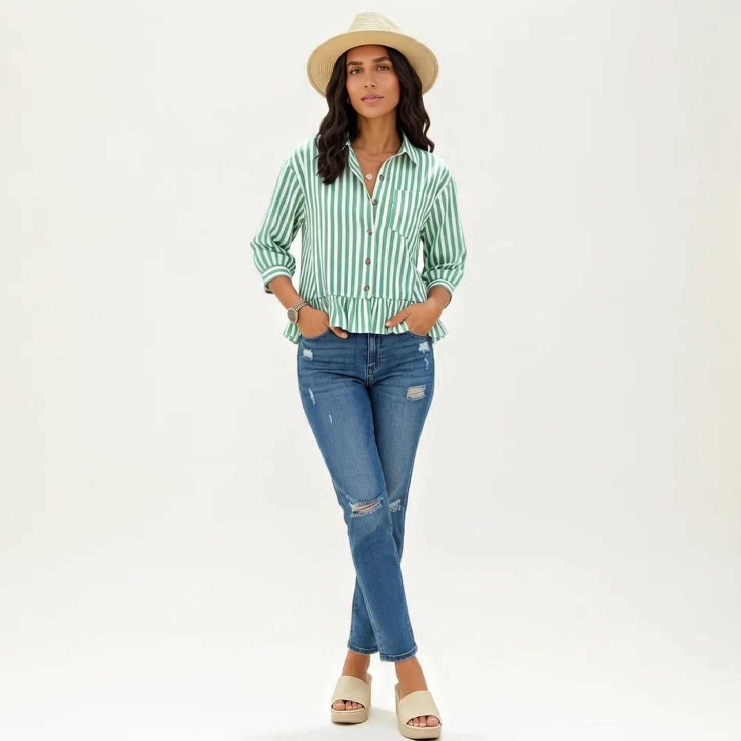 Striped Button Down Blouse with Collar Three Quarter Sleeve Peplum Hem Pocket Detail Casual Shirt