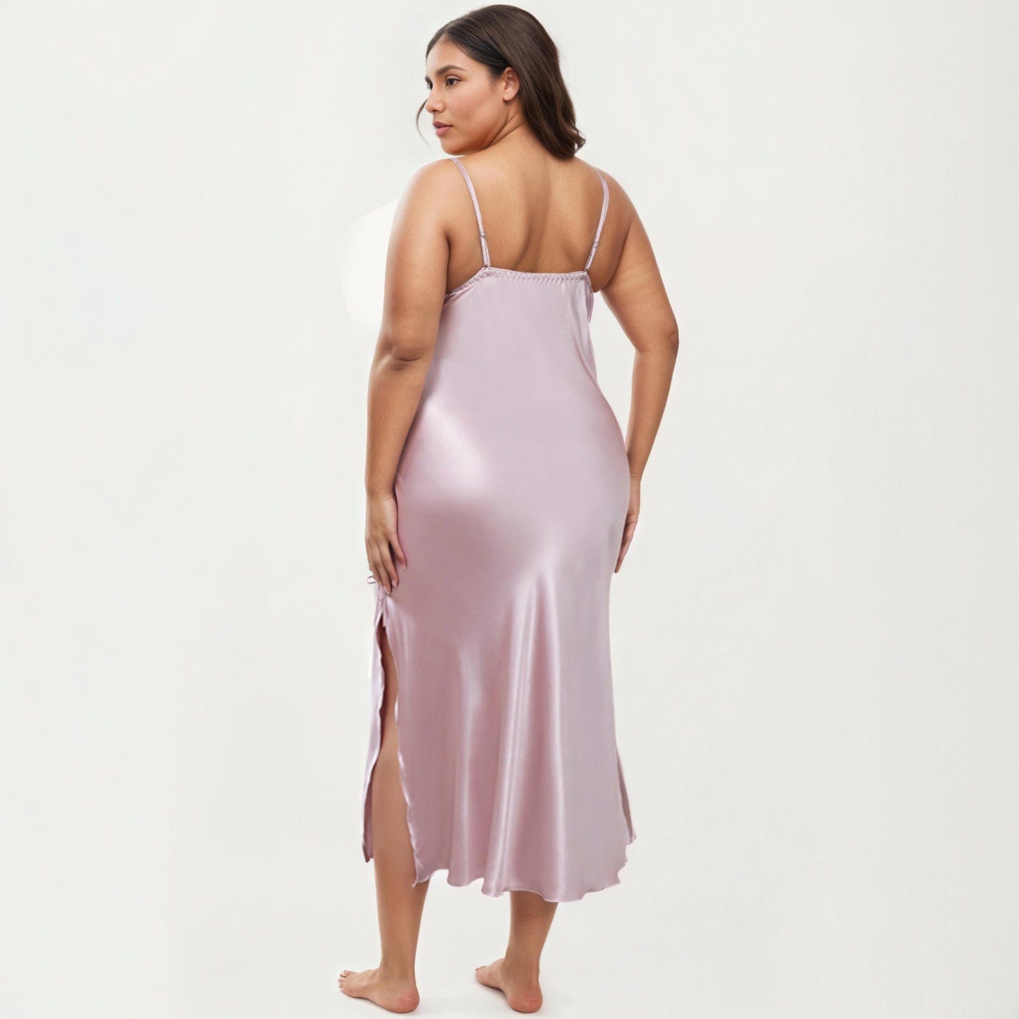Plus Size Satin Chemise Nightgown with Lace Trim Neckline Adjustable Straps Side Slit Slip Dress
