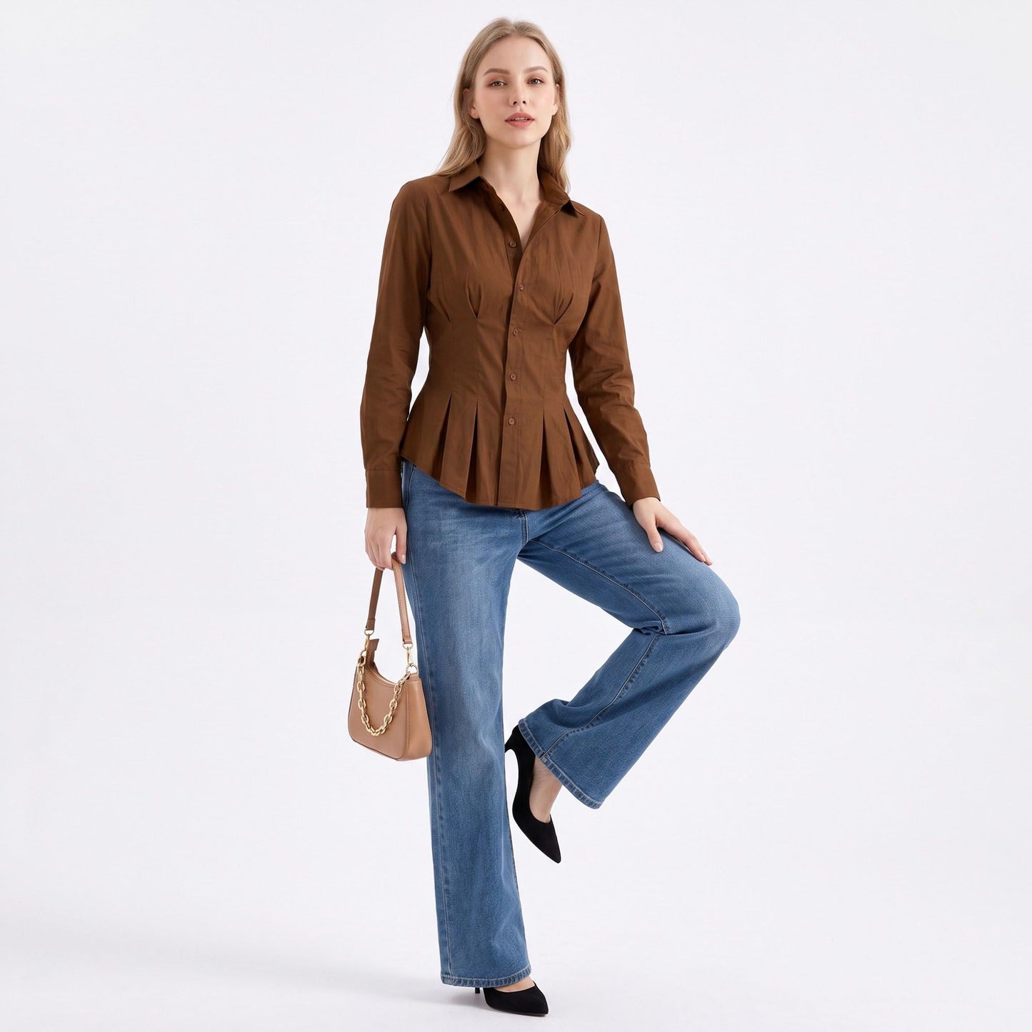 Long Sleeve Button Down Peplum Shirt with Collared Neckline