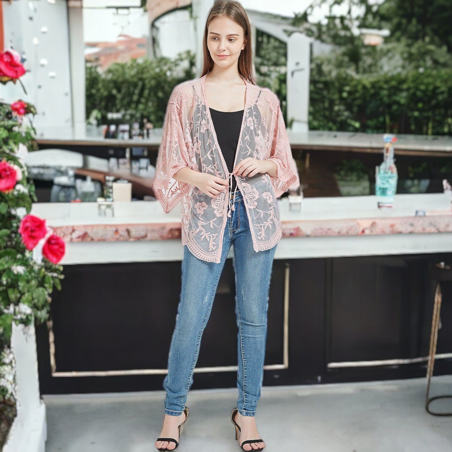 Short Embroidered Lace Duster Crop Cardigan Half Sleeves