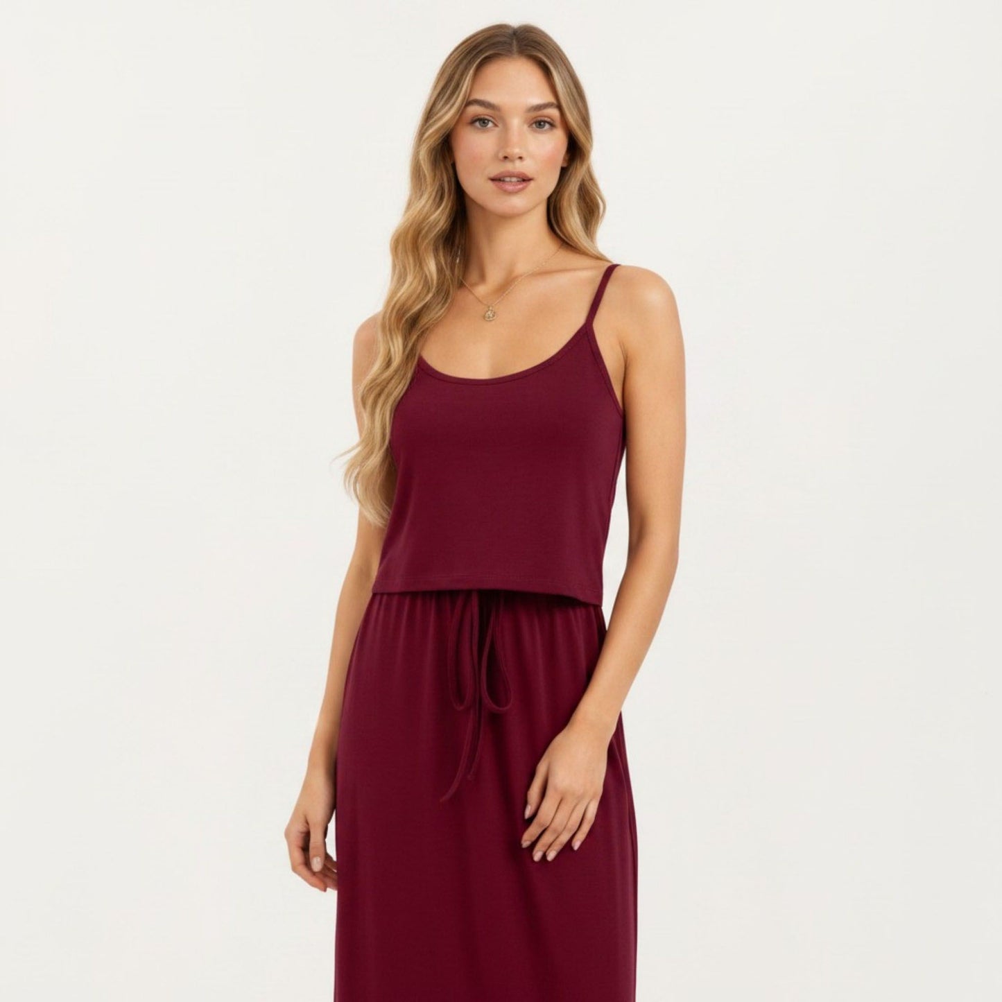 Sleeveless Midi Dress with Spaghetti Straps and Adjustable Drawstring Waist Relaxed Fit Silhouette