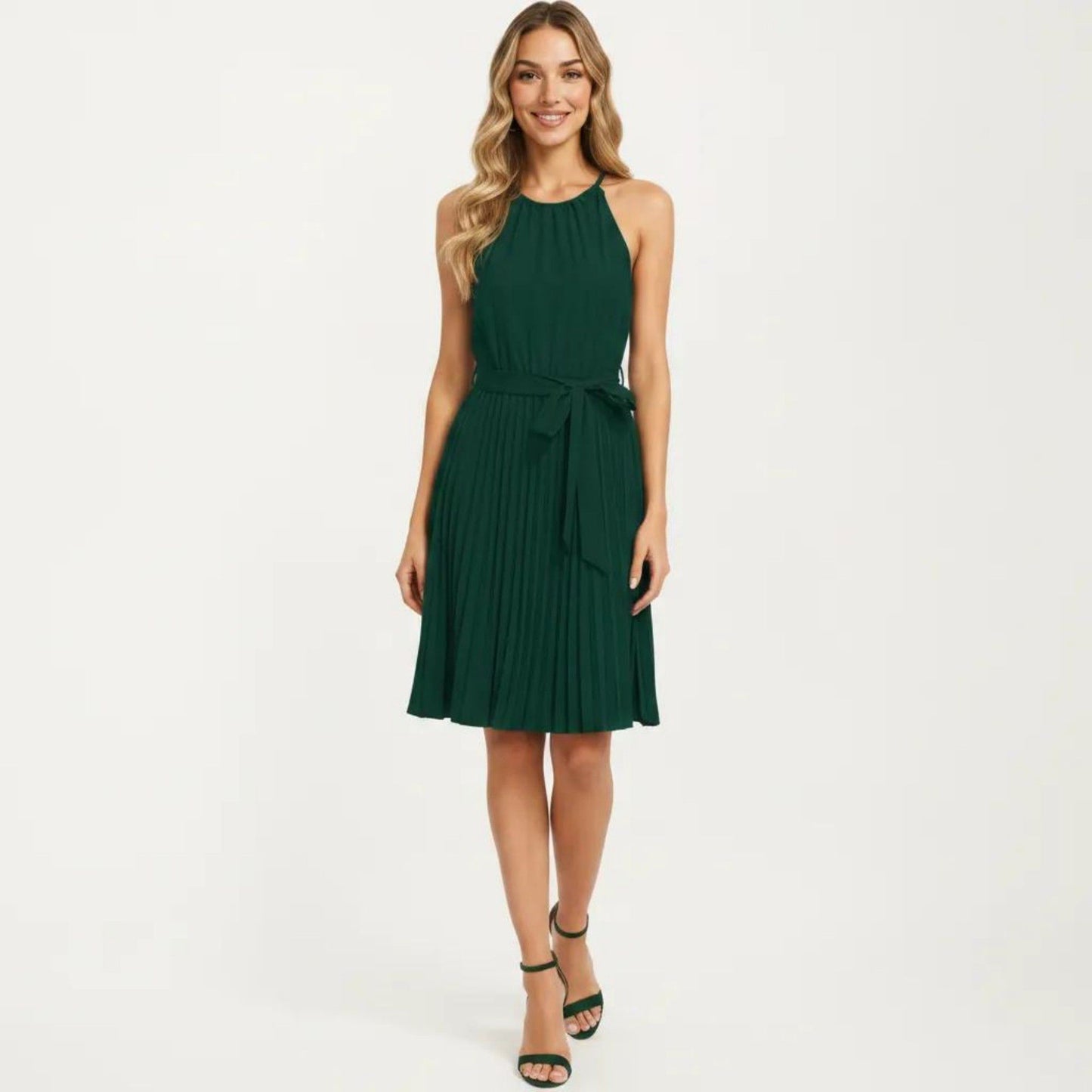 Sleeveless Halter Midi Dress with Pleated Skirt and Waist Tie