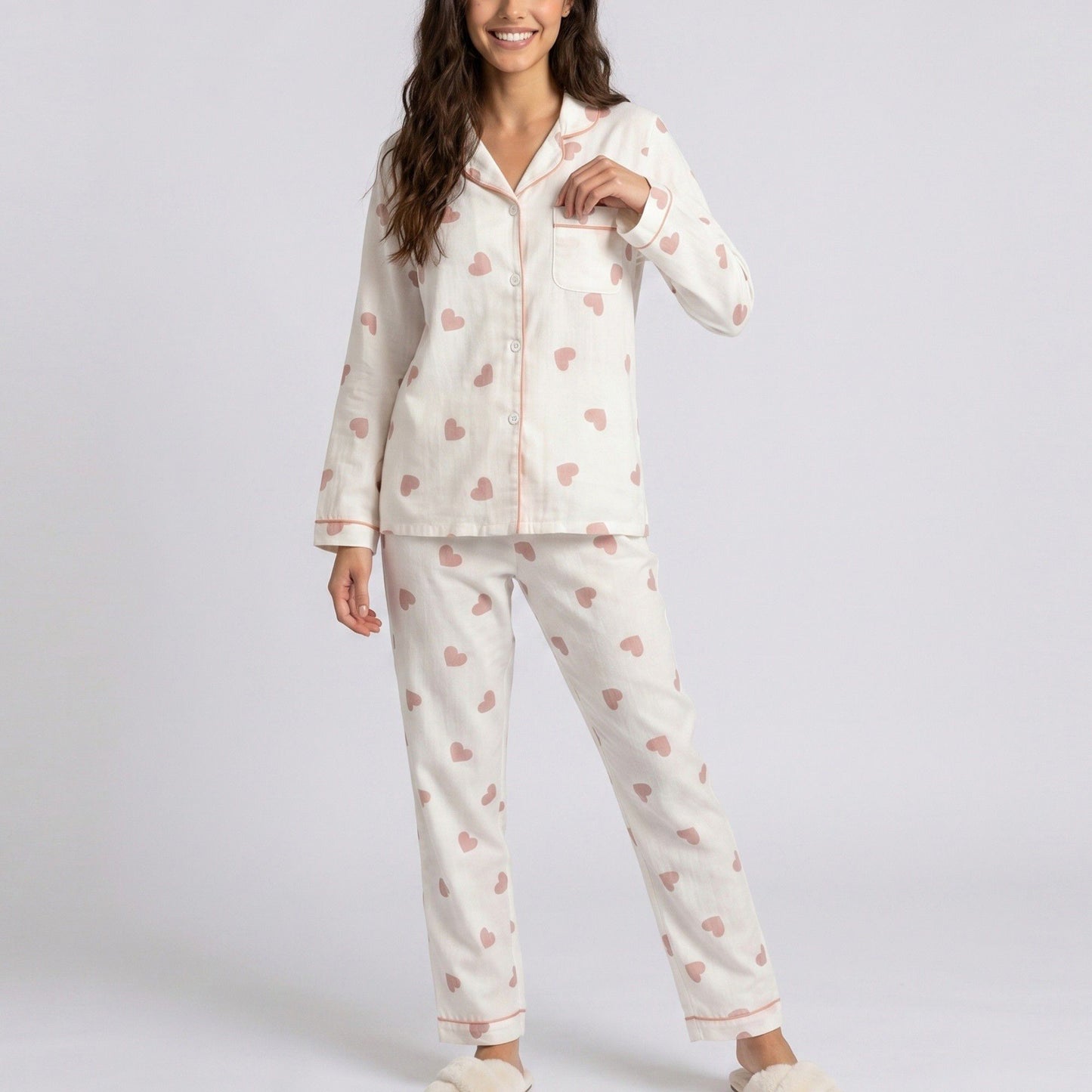 2-Piece Set Heart Print Button Front Pajama Top and Straight Leg Lounge Pants