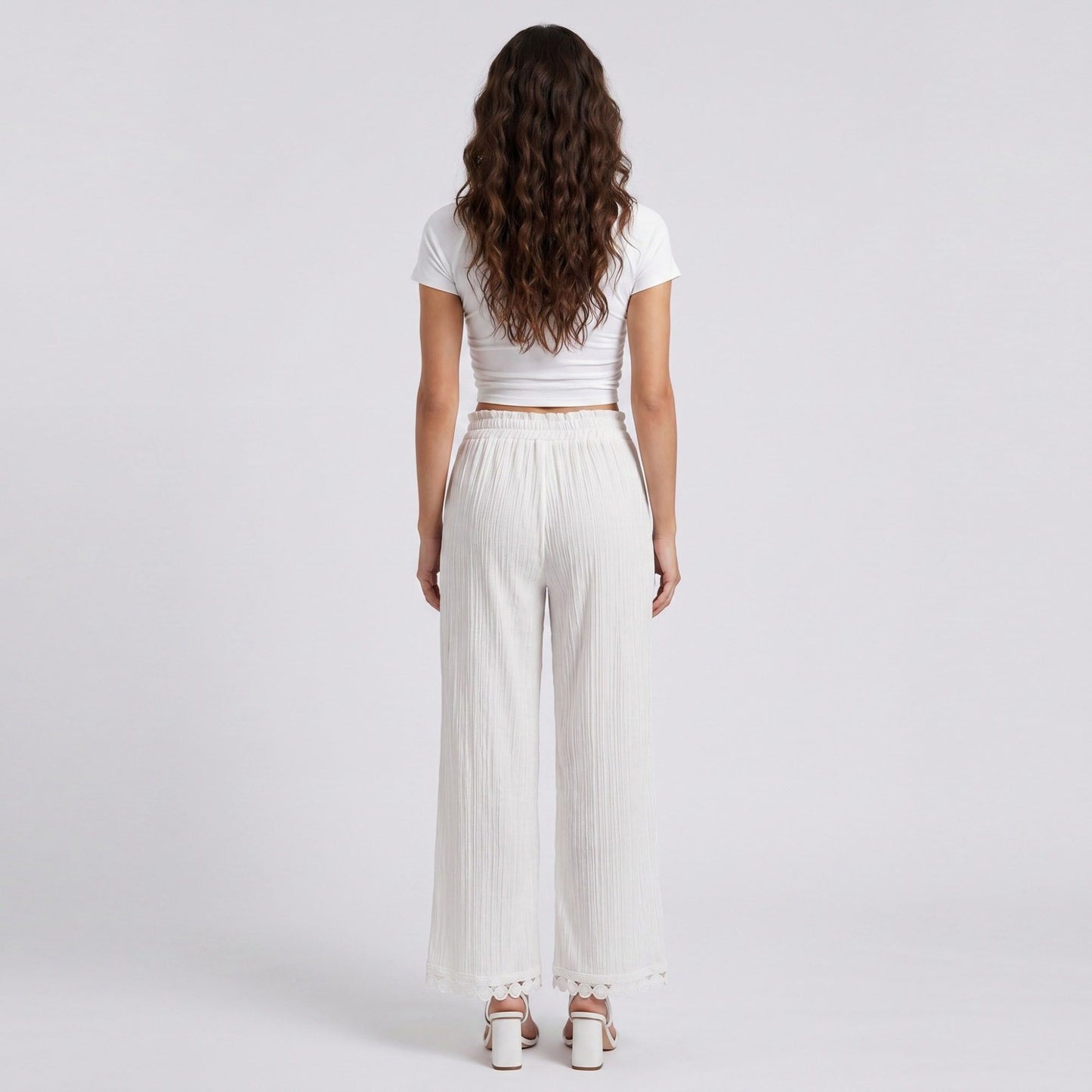 White Crinkle Wide Leg Pants Elastic Drawstring Waist Lace Trim Boho Trousers