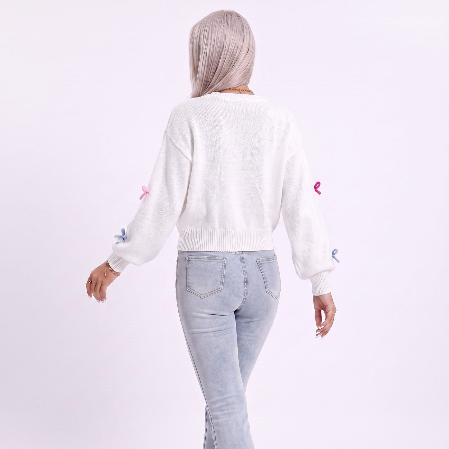 Colorful Bow Crew Neck Long Sleeve Knit Sweater