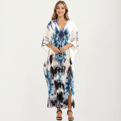 Tie Dye Medallion Kaftan Maxi Dress with V-Neckline and Relaxed Flowy Silhouette