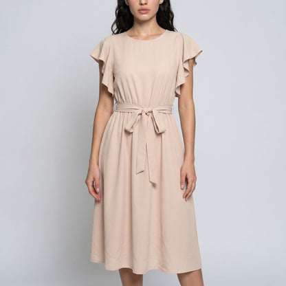 Flutter Sleeve Tie Waist Midi Dress with Round Neckline Flowy A Line Skirt and Soft Gathered Silhouette