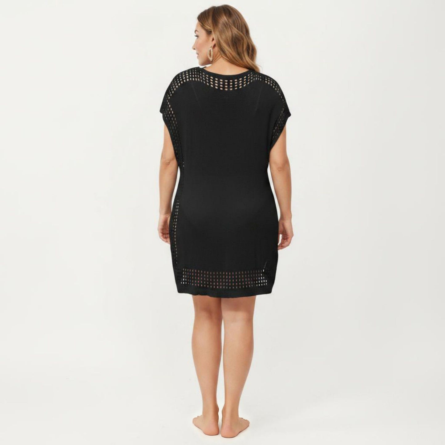 Knit Swim Cover Up Dress with Tassel Tie Neck Open Knit Trim and Relaxed Short Sleeves