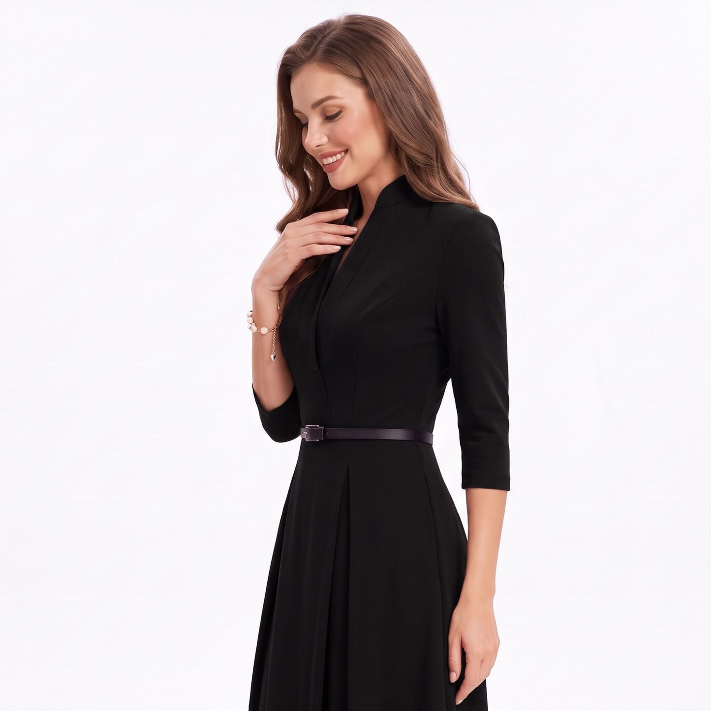 Three Quarter Sleeve Belted Midi Dress with Pleated A Line Skirt