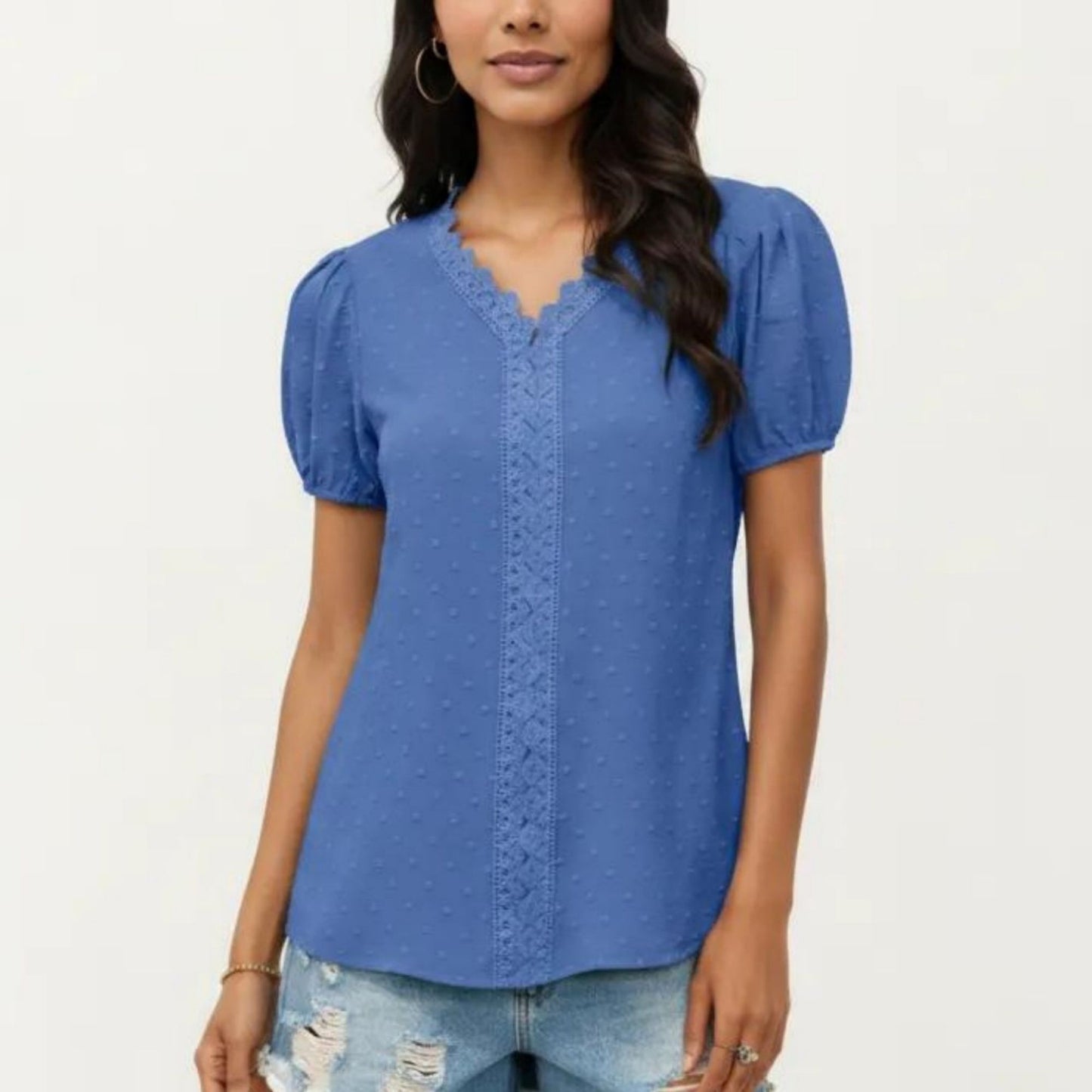 Short Sleeve Swiss Dot Top with Lace Trim V-Neck and Puff Sleeves