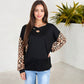 Crisscross V-Neck Top with Leopard Print Sleeves