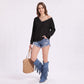 Lace Trim V Neck Long Sleeve Knit Pullover Sweater