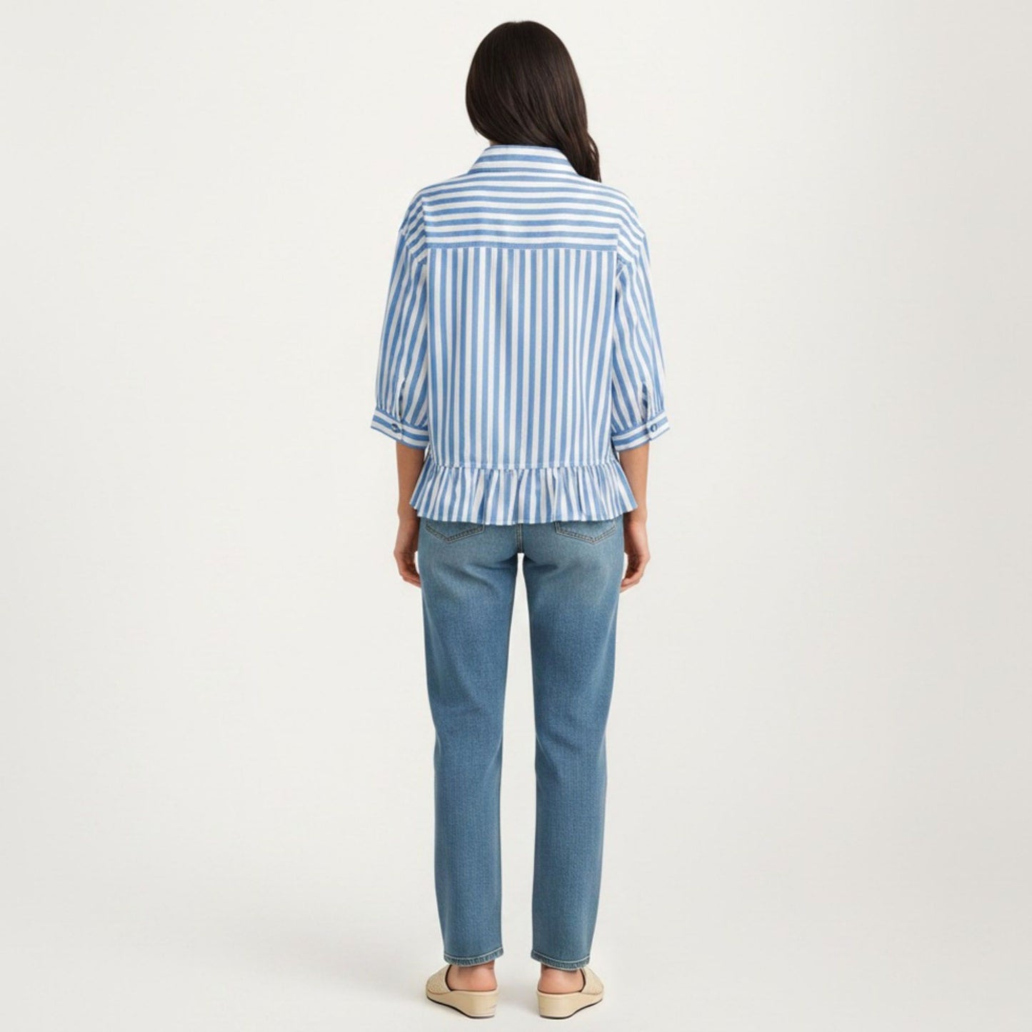 Striped Button Down Blouse with Collar Three Quarter Sleeve Peplum Hem Pocket Detail Casual Shirt