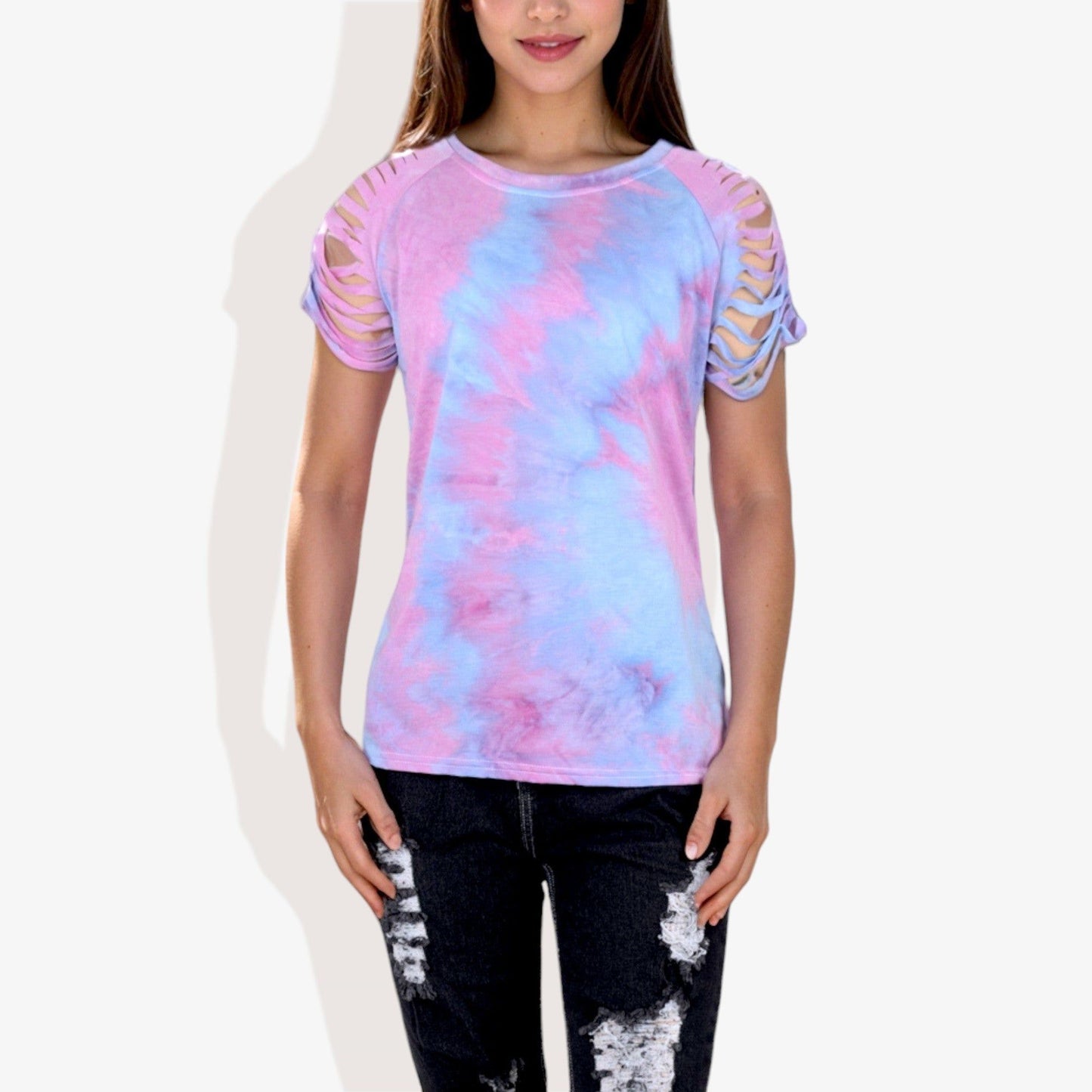 Short Sleeve Tie-Dye Top with Cut-Out Shoulder