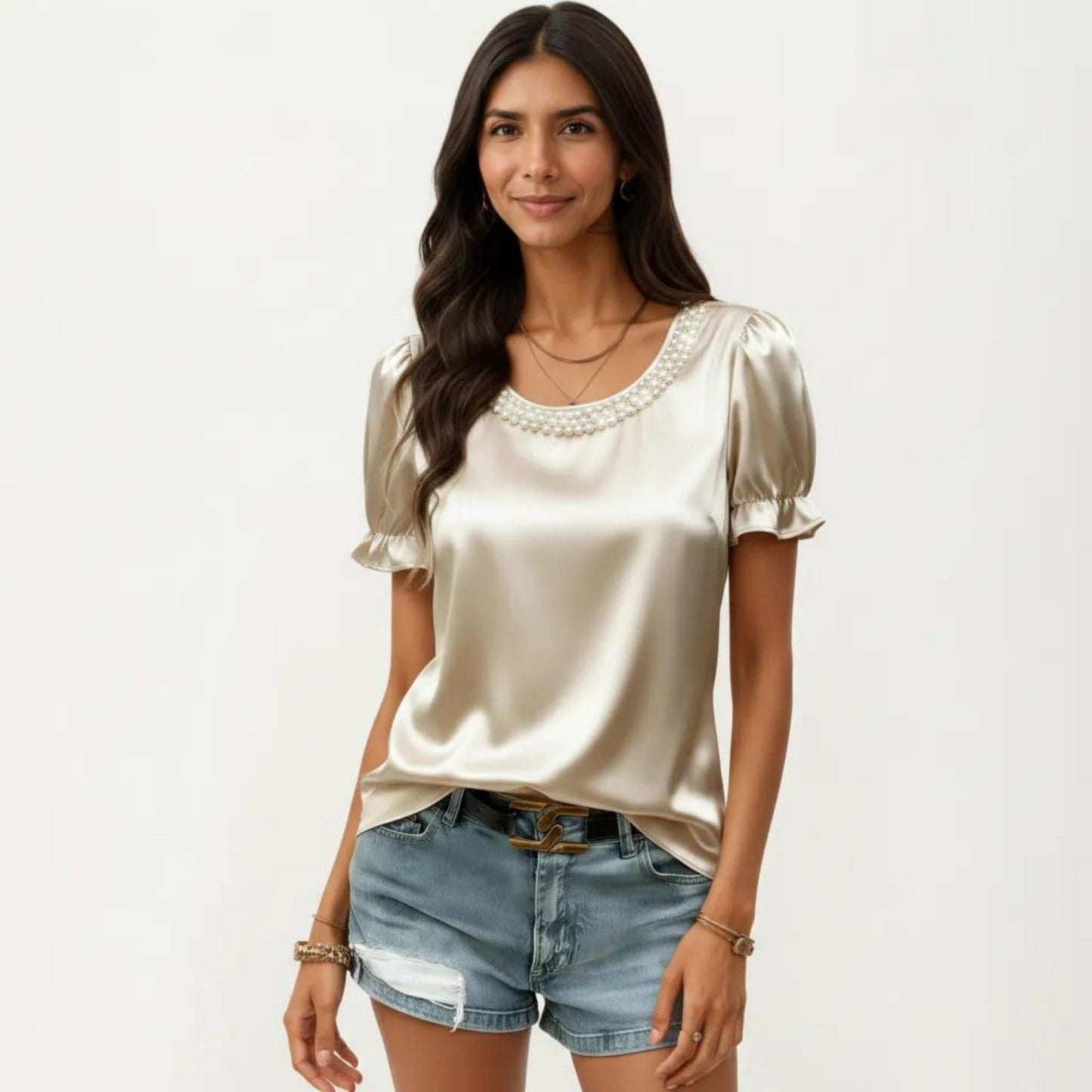 Satin Faux Pearl Neck Top with Puff Sleeves and Smooth Draped Finish