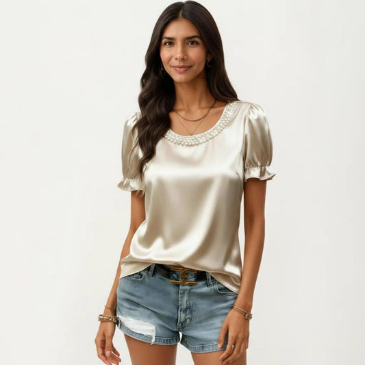 Satin Faux Pearl Neck Top with Puff Sleeves and Smooth Draped Finish