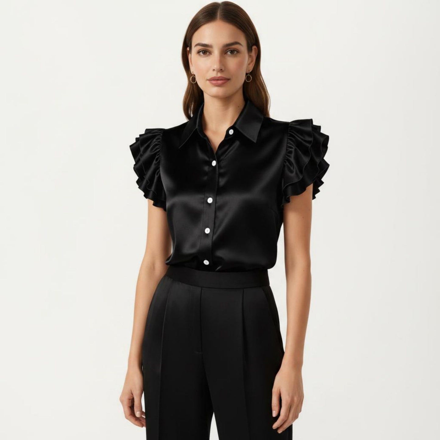Satin Button Down Blouse with Ruffle Sleeves and Collared Neckline