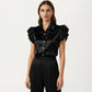Satin Button Down Blouse with Ruffle Sleeves and Collared Neckline