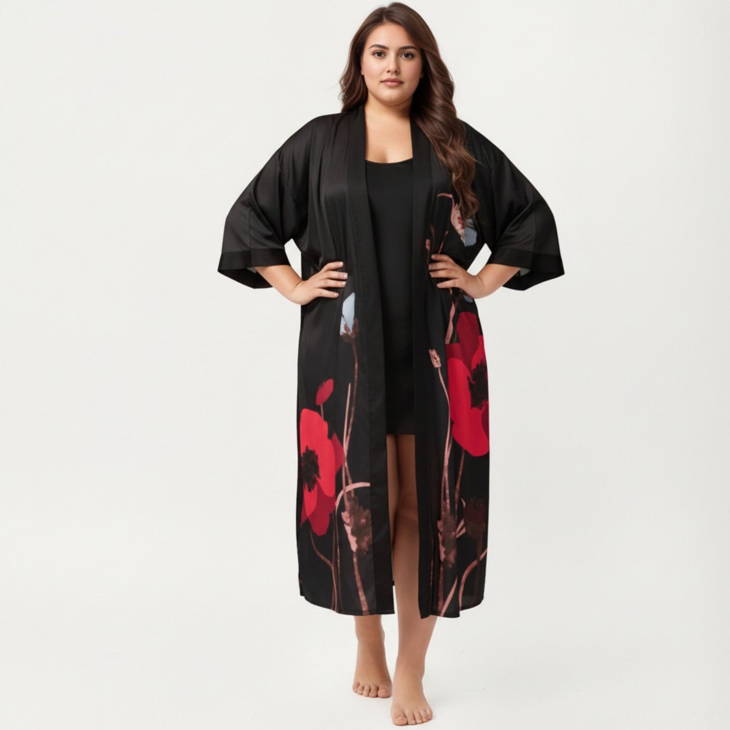 Plus Size 2-Piece Floral Kimono Robe Set with Short Sleeve Open Front Longline Cover Up and Matching Inner Dress