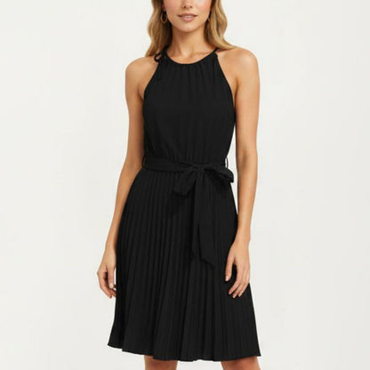 Sleeveless Halter Midi Dress with Pleated Skirt and Waist Tie