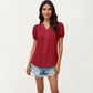 Short Sleeve Swiss Dot Top with Lace Trim V-Neck and Puff Sleeves