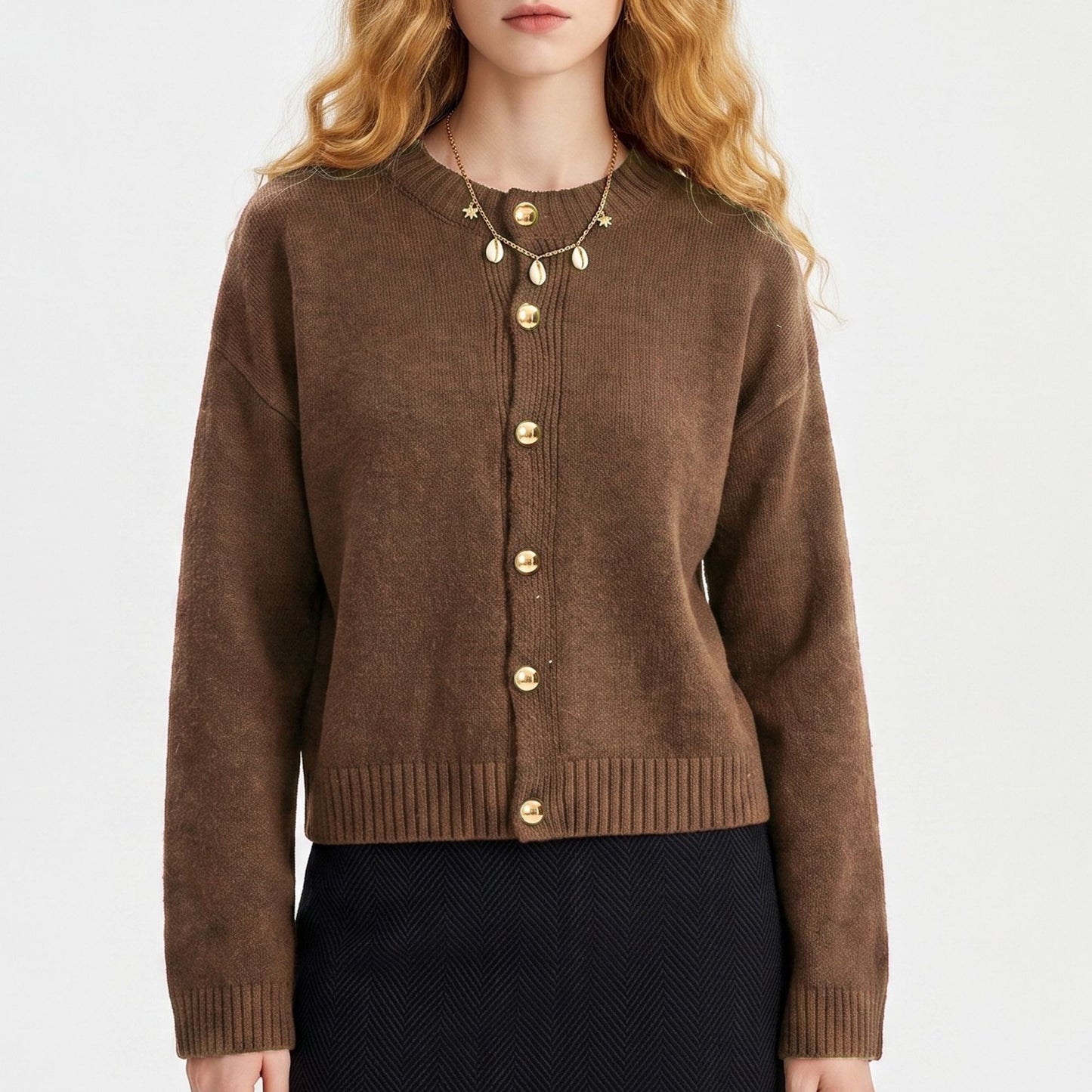 Gold Button Crewneck Cardigan Sweater
