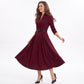 Three Quarter Sleeve Belted Midi Dress with Pleated A Line Skirt