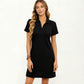 Short Sleeve Collared Mini Dress with Split V Neck Textured Knit Relaxed Fit Casual Dress