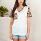 V-Neck Leopard Print Pocket Tee with Contrast Sleeves