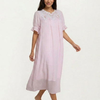 Short Sleeve Nightgown with Embroidered Collar and Ruffle Cuffs