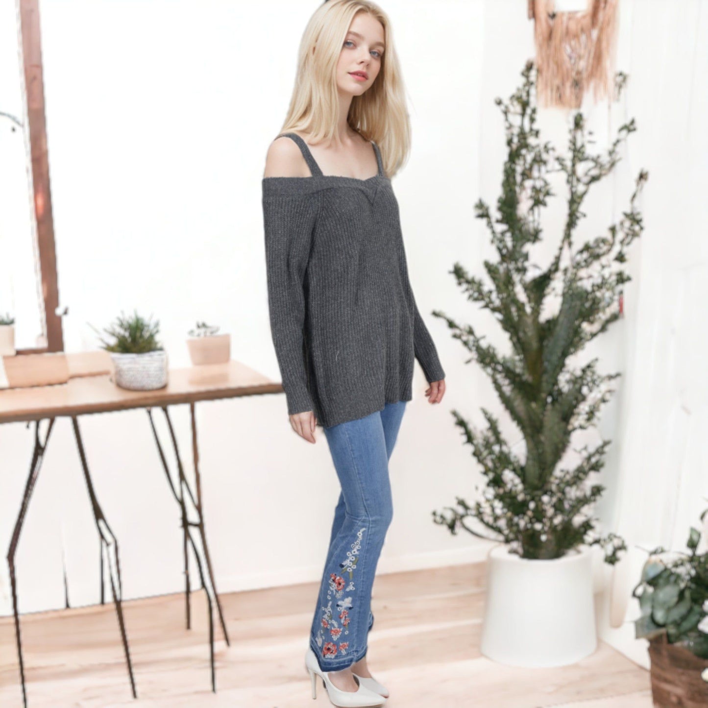 Long Sleeve Cold Shoulder Knit Pullover Sweater