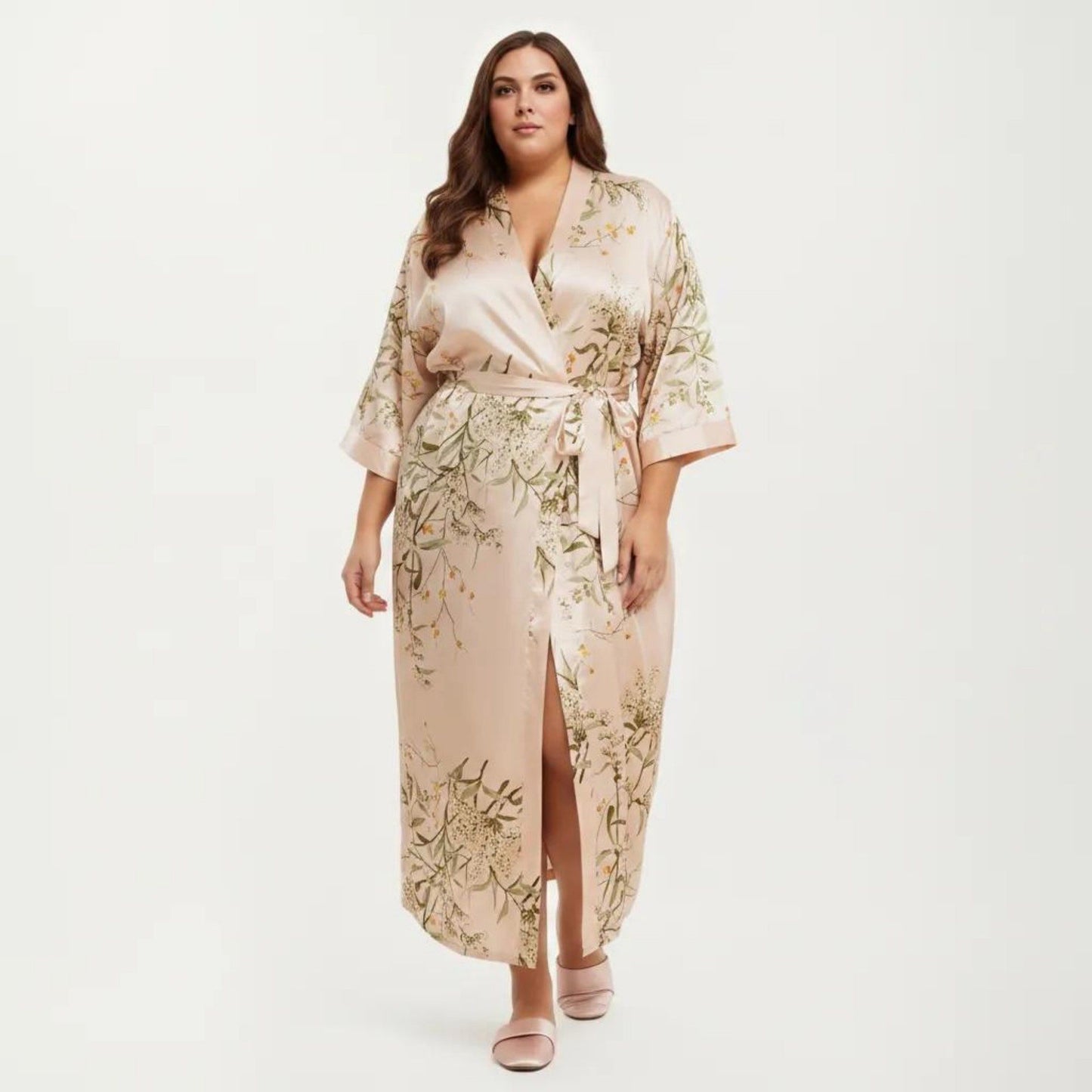 Plus Size Satin Floral Kimono Robe with Self Tie Belt Longline Open Front Lightweight Sleepwear