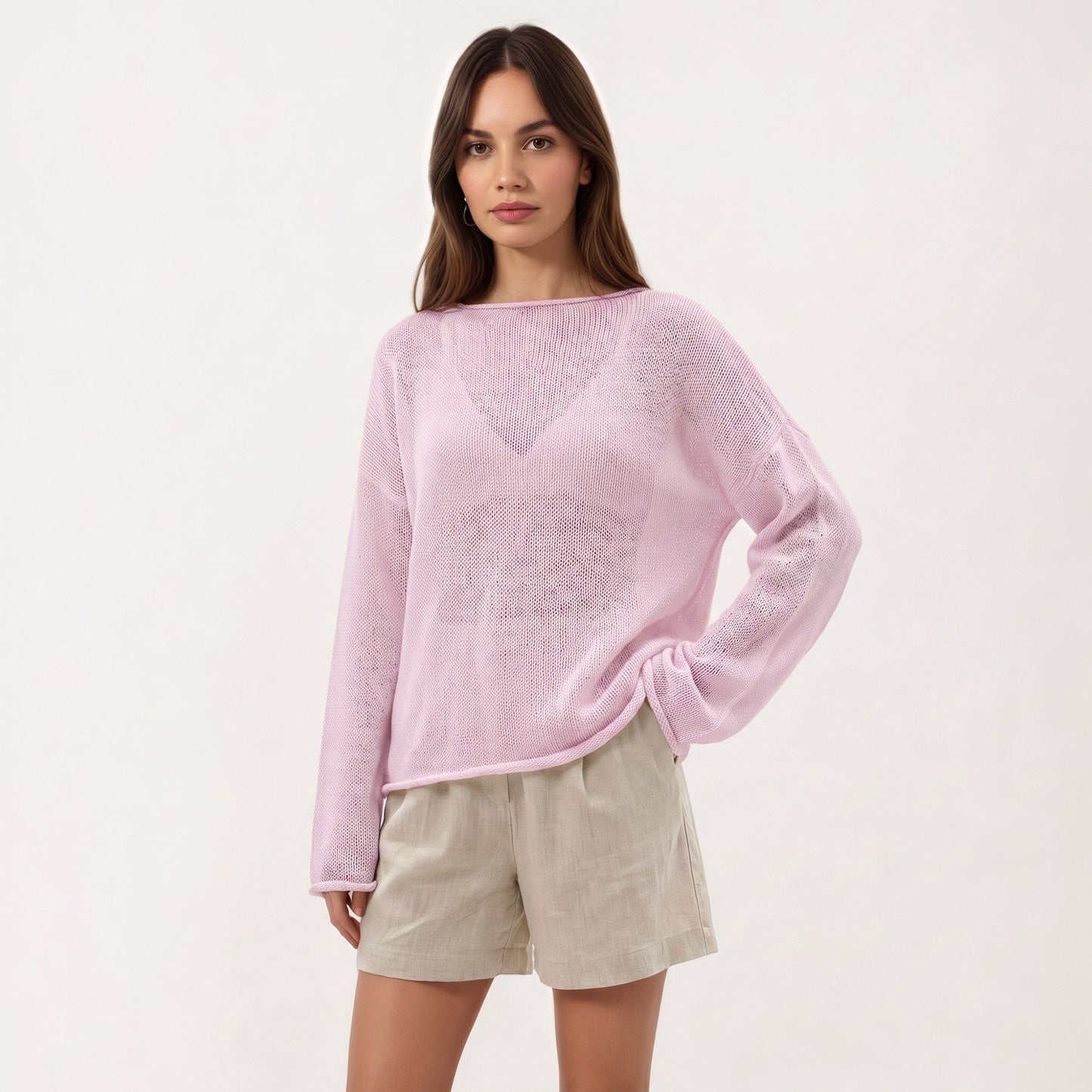 Women's Lightweight Open Knit Long Sleeve Sweater Top with Relaxed Fit and Subtle Sheer Texture