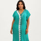 Maxi Swim Cover Up Dress with Crochet Trim V Neck Short Sleeves Relaxed Lightweight Fit