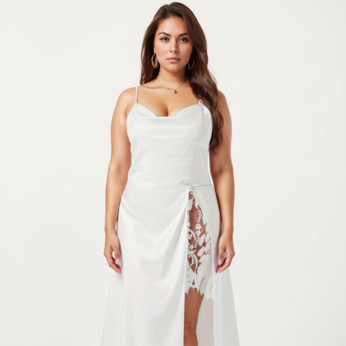 Plus Size Satin Wrap Nightgown with Lace Trim Adjustable Spaghetti Straps Side Tie Midi Length Sleepwear Dress