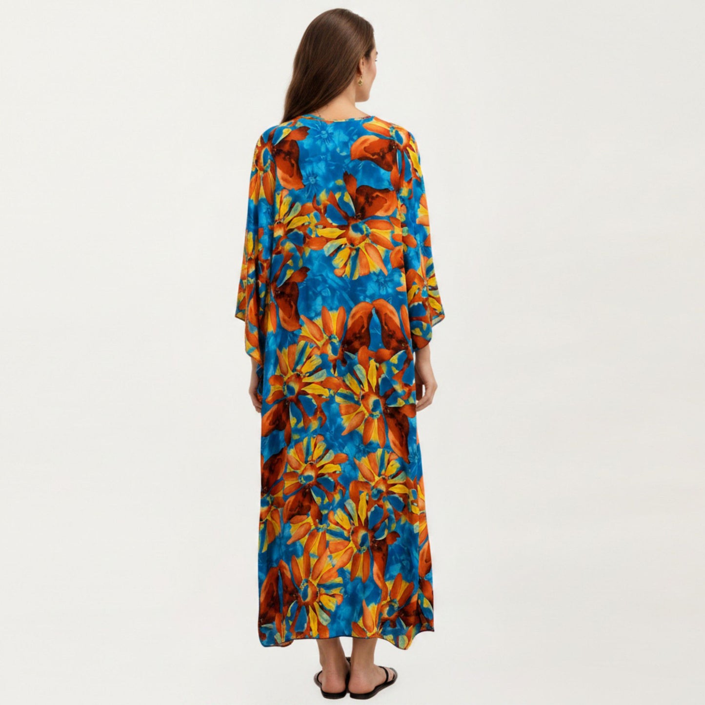 Floral Print Kaftan Maxi Dress with V-Neck Button Front and Flowy Batwing Sleeves