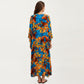 Floral Print Kaftan Maxi Dress with V-Neck Button Front and Flowy Batwing Sleeves
