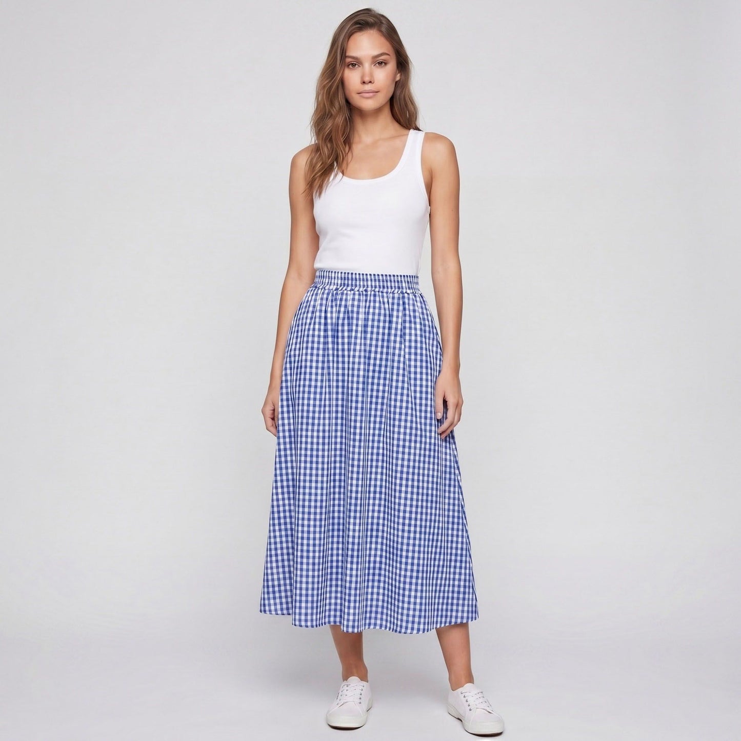 Gingham Midi Skirt with Smocked Waistband, Gathered A-Line Shape and Side Pockets