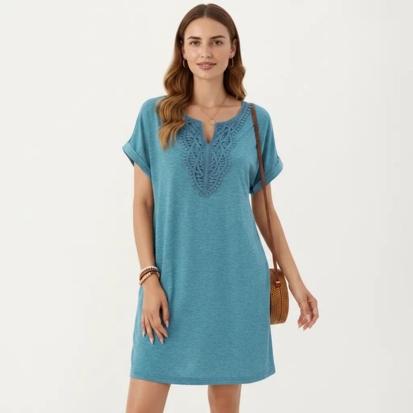 Short Sleeve Shift Dress with Split V Neck Embroidered Detail Relaxed Fit Casual Tunic Dress