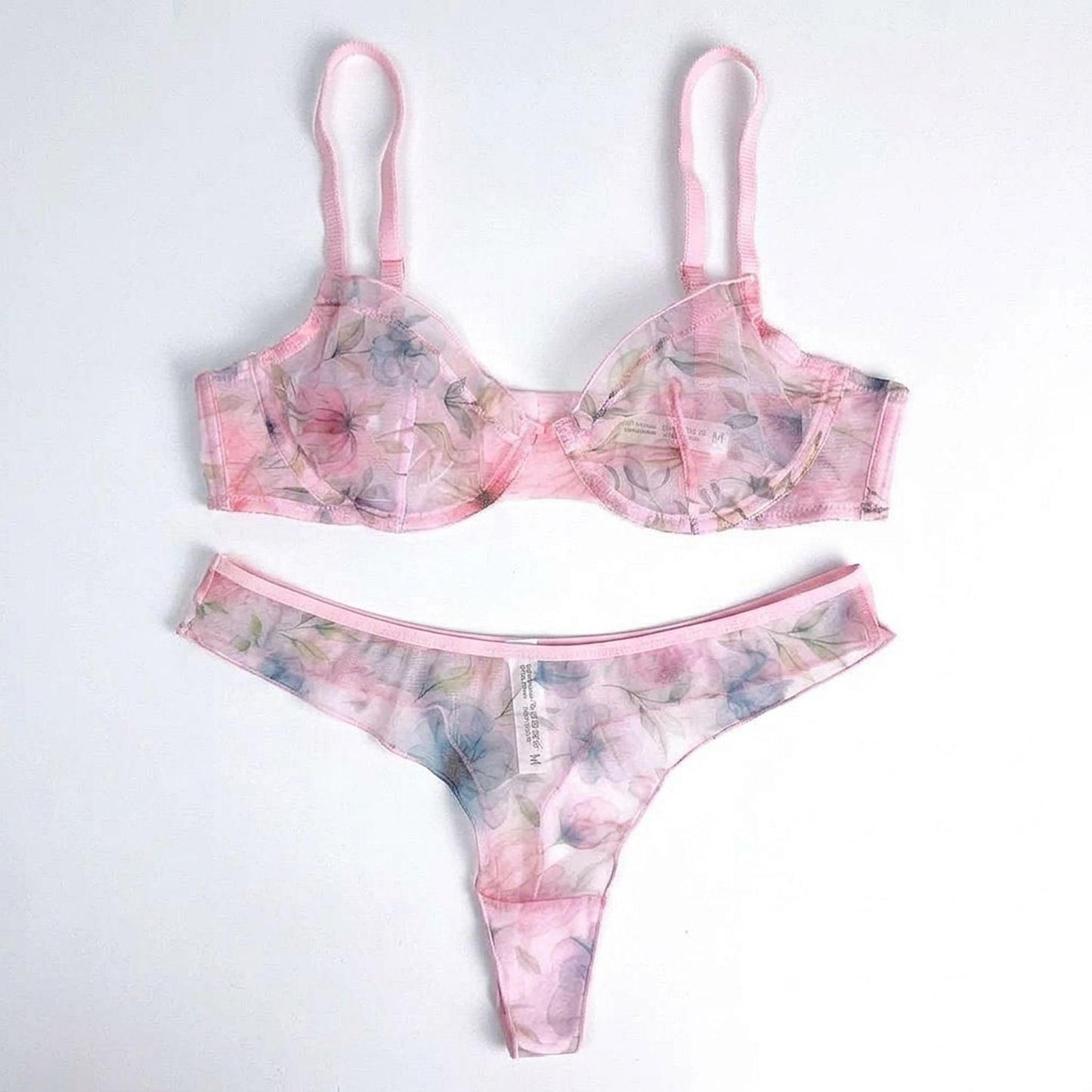 Floral Print Sheer Mesh Underwire Bra and Panty Two Piece Lingerie Set