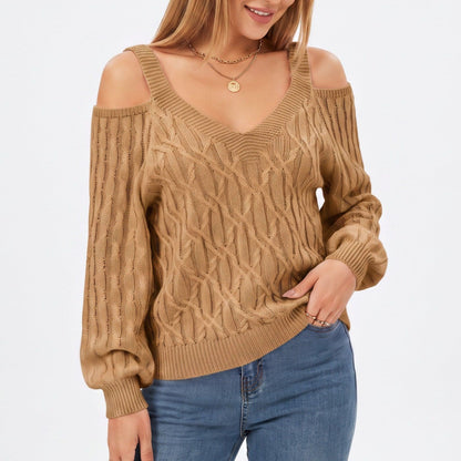 Cold Shoulder V Neck Cable Knit Long Sleeve Sweater