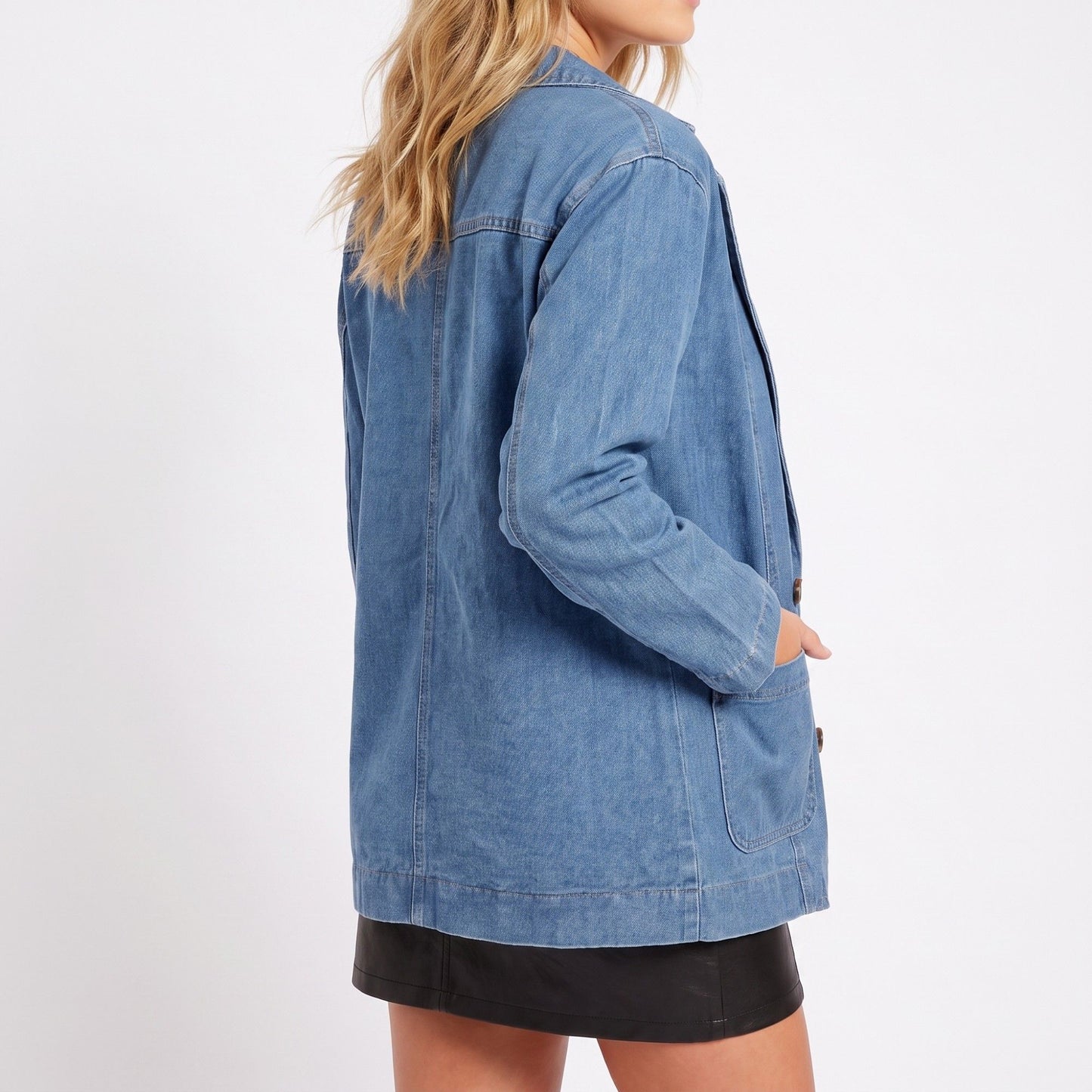 Denim Blazer Jacket Long Sleeve Button Front Jean Coat with Patch Pockets
