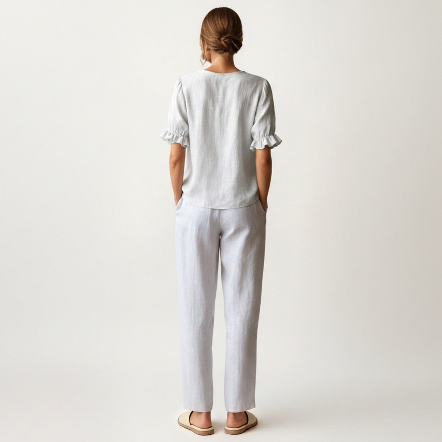 Ruffle Neck Blouse with Short Puff Sleeves and Textured Linen-Like Fabric