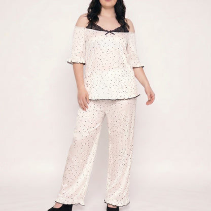 Plus Size 2-Piece Polka Dot Off Shoulder Pajama Top and Wide Leg Pants Sleepwear Lounge Set