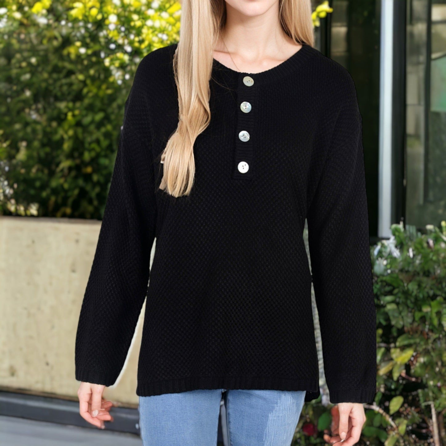 Contrast Half Button Henley Down Long Sleeve Sweater