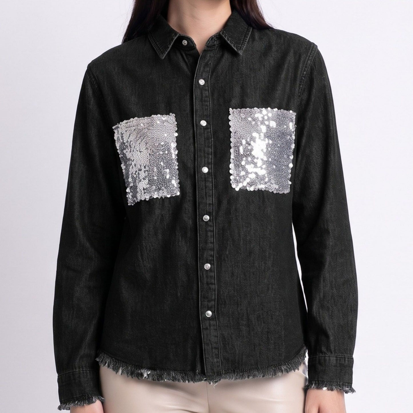 Sequin Denim Shirt Jacket Button Front Long Sleeve Frayed Hem Shacket