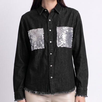 Sequin Denim Shirt Jacket Button Front Long Sleeve Frayed Hem Shacket